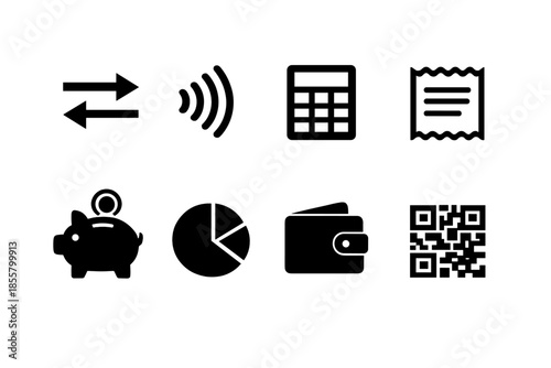 Essential financial and business symbols covering savings, payment, calculation, and transactions