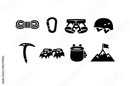Mountaineering and rock climbing safety equipment set featuring helmet harness rope and ice axe