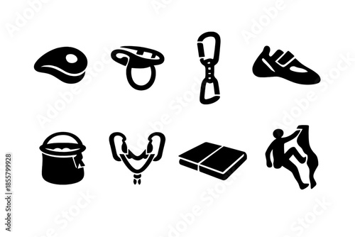 Black silhouette icons of essential gear for rock climbing bouldering and mountaineering