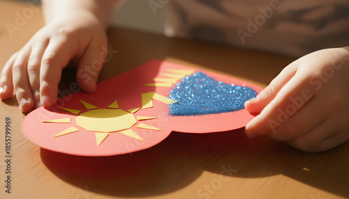Child's Hands Creating a Heart-Shaped Card with Sun and Cloud, Symbolizing Love, Creativity, and Handmade Gifts