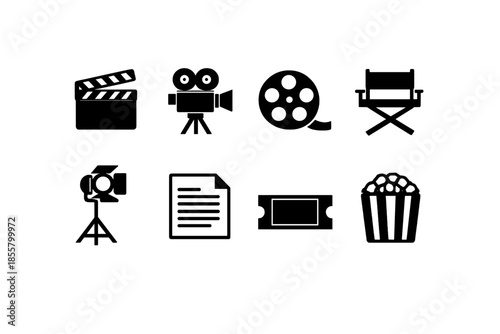 Black icons set for film production, movie theater, and entertainment: clapperboard, camera, reel, popcorn