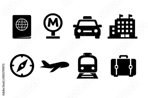 Essential travel tourism and transportation symbols including accommodation and navigation