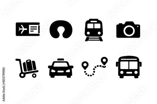 Collection of essential travel and public transportation symbols and items