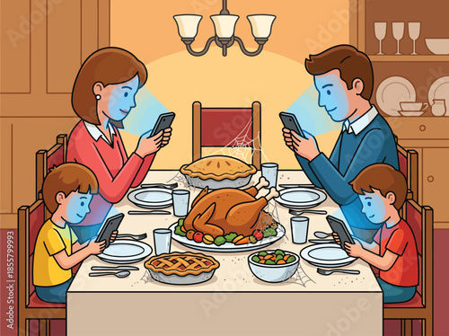Family ignoring each other at a holiday feast dinner to look at their smartphones.