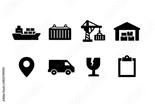 Global logistics and shipping symbols cargo ship container crane warehouse delivery