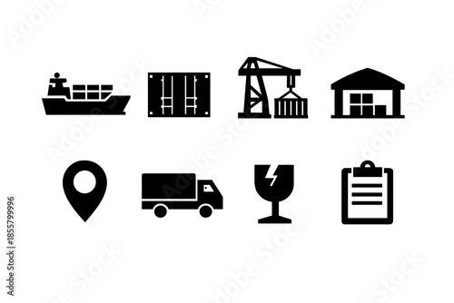 Essential icons set for global logistics, shipping, delivery, transport, and warehouse operations