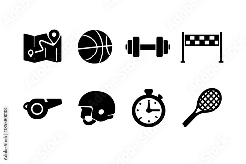 Essential sports and gym equipment symbols: basketball, dumbbell, stopwatch, and helmet