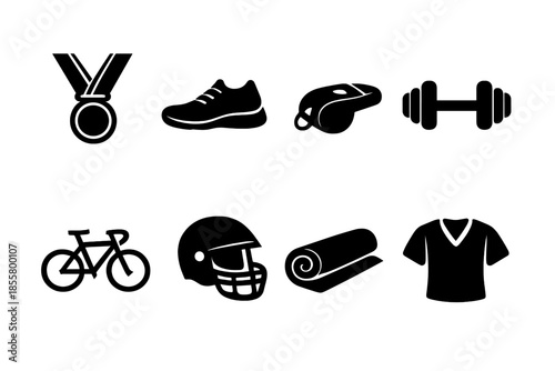 Black silhouette icons set of sports equipment, fitness gear, and athletic accessories