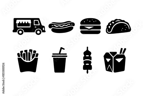 Black silhouettes of popular street food and fast food items including burgers, tacos, and hot dogs