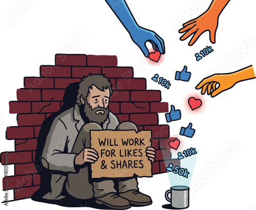 Homeless man receiving social media likes and hearts instead of money or food.