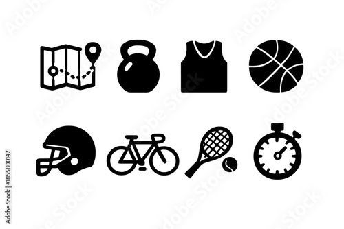 Black silhouette symbols for sports, fitness, and outdoor activities like tennis, cycling, and basketball