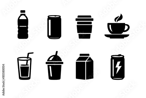 Black silhouette icons of coffee, soda, water, milk, and energy drinks