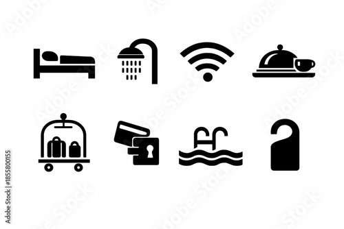 Collection of essential hotel services and amenities including bed, shower, Wi-Fi, and pool features
