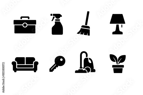 Minimal black silhouette symbols of household objects and utility items