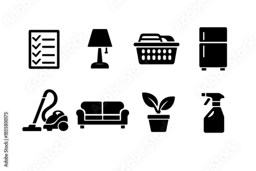 Collection of glyph icons for home furniture appliances and cleaning tasks