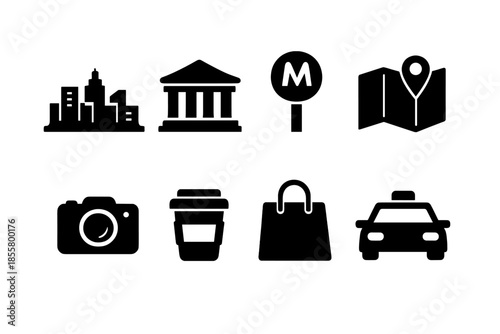 Black silhouette symbols for city travel, urban lifestyle, buildings, public transport, shopping, and photography