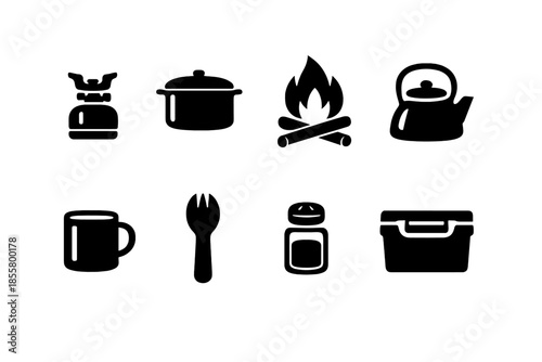 Essential outdoor cooking and camping equipment silhouettes: portable stove, campfire, kettle, pot, mug, and cooler