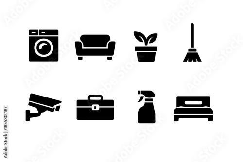 Essential household items and utility symbols collection including furniture, cleaning, and security devices