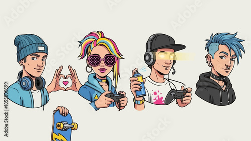 Diverse group of young people with modern style and gaming accessories.