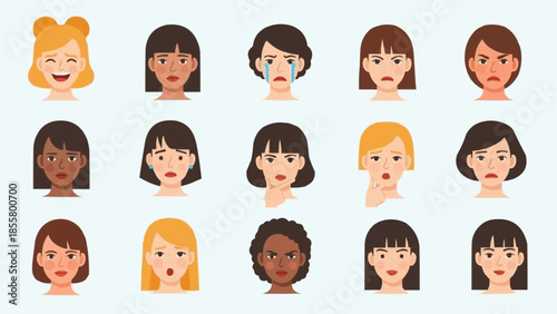 Diverse Women Faces Expressing Various Emotions And Feelings.