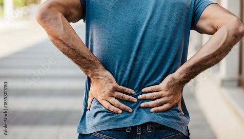A man outdoors experiences significant lower back pain, struggling with discomfort from a persistent backache
