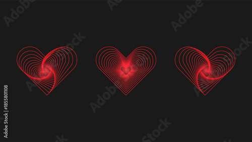 Minimal red glowing heart outlines forming dynamic spiral shapes, symbolizing love emotion, romance and modern abstract design