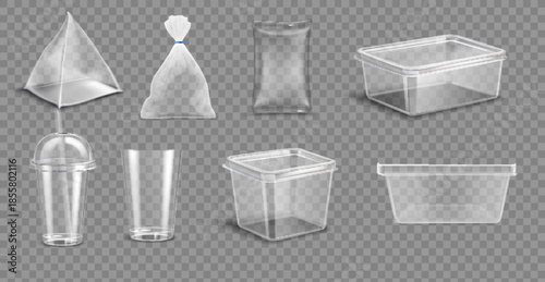 Plastic Packages Transparent Wrap Set Vector. Empty Food Product Polyethylene Package Mock Up Template. Realistic Nylon Pack Packaging Branding Design Illustration