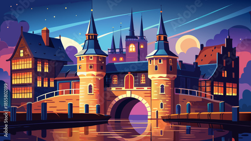 Very beautiful nighttime view of the historic Zijlpoort city gate in Leiden, illuminated lights reflecting on calm water, showcasing medieval Dutch architecture and timeless urban history.
