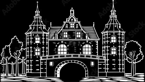 Very beautiful nighttime view of the historic Zijlpoort city gate in Leiden, illuminated lights reflecting on calm water, showcasing medieval Dutch architecture and timeless urban history.
