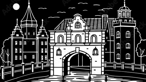 Very beautiful nighttime view of the historic Zijlpoort city gate in Leiden, illuminated lights reflecting on calm water, showcasing medieval Dutch architecture and timeless urban history.
