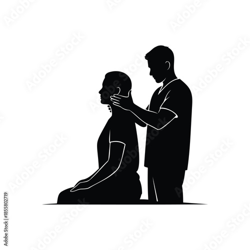 Therapist performing a neck and shoulder massage on a sitting patient providing physical therapy and relaxation