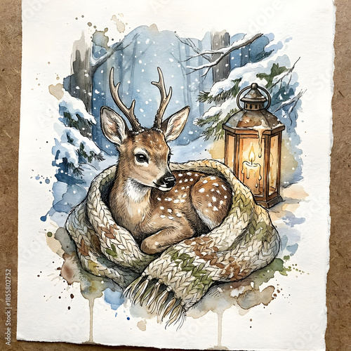 Cozy winter scene with deer, lantern, and snow