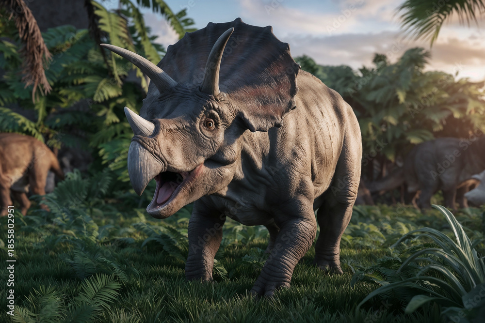 Fototapeta premium A cinematic, close-up shot of a Triceratops roaring in a lush prehistoric jungle, surrounded by ferns and bathing in warm sunlight, with other dinosaurs visible in the background.