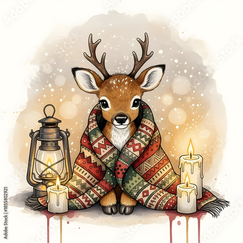 Cozy fawn wrapped in blanket with candles