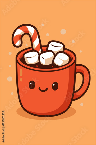 Cheerful red mug filled with warm cocoa, topped with fluffy marshmallows and a festive candy cane, perfect for winter celebrations