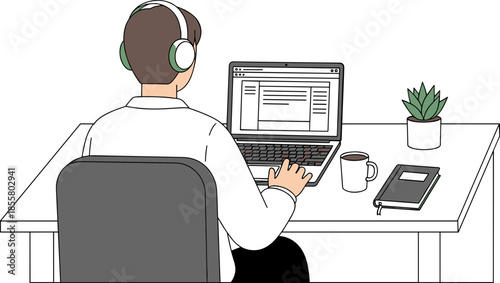 Remote work cartoon illustration, person with headphones at desk, laptop screen with data, coffee mug, notebook, digital productivity vector