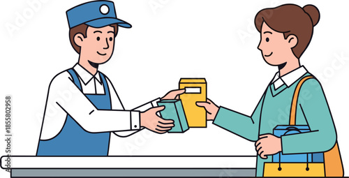 Retail transaction illustration, cartoon cashier and customer, product exchange at counter, shopping bags, store interaction, commerce vector design