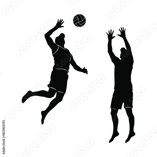 Volleyball players silhouetted in action during a game with one spiking and another setting the ball