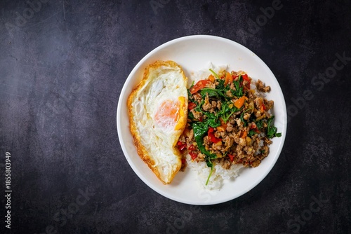 Homemade Rice topped with stir fried Thai basil with minced pork and fried egg, pad ka praow moo sap	