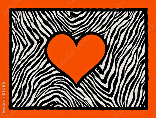 Striking Heart Centered on Zebra Pattern in Bold Orange Background