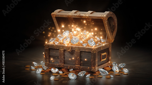 Open Treasure Chest with Diamonds and Coins Radiating Light