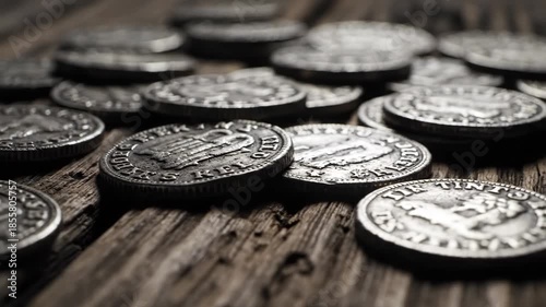 Antique silver coins are spread across a rustic wooden surface, providing a historical visual. This imagery is suitable for a religious video discussing themes of parables or ancient times.