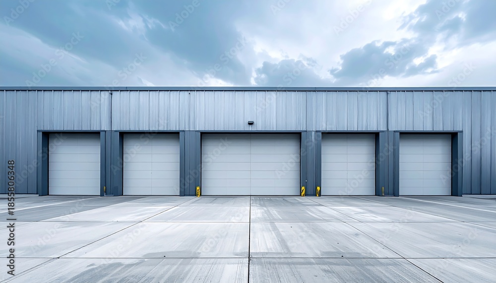 Obraz premium 横に連なるシャッターを備えた倉庫施設が示す効率的な物流環境