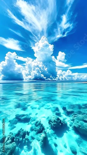 blue sky and blue calm  sea with white clouds 