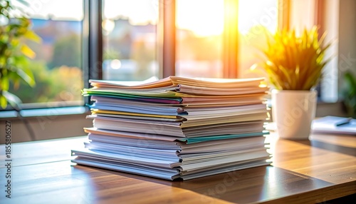 机の上に積まれた書類と本が知的作業と整理された学習環境を表す