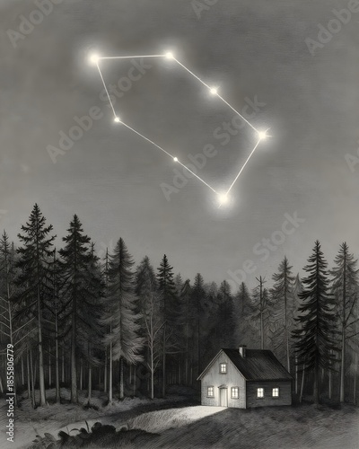 Minimalism. Radiance. Large constellation. Sketch of a forest house. Gray background.