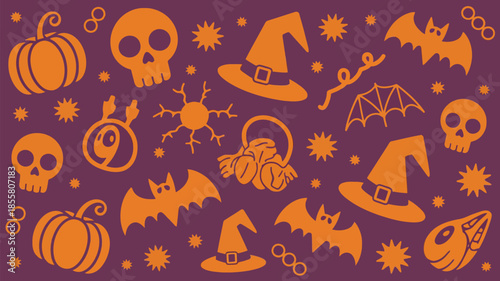 Spooky Halloween icons and symbols on purple background