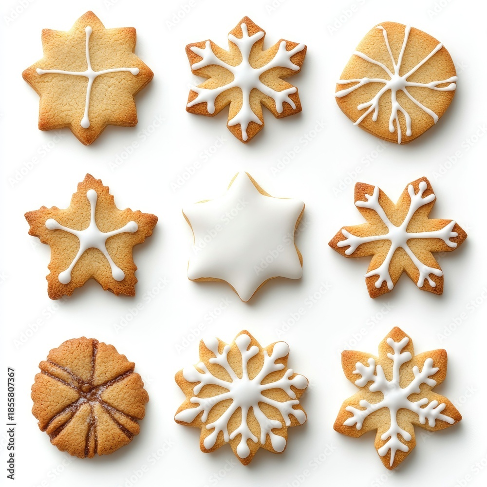 Fototapeta premium Festive baking event snowflake-shaped cookies home kitchen food photography cozy atmosphere top view holiday spirit