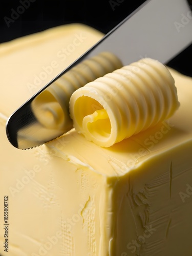 A smooth butter curl being carved by a knife
