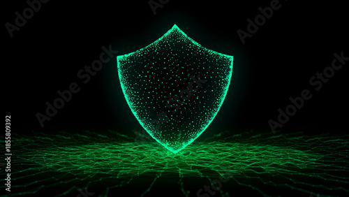 Green digital cyber security background with shield. Futuristic protection of private information and data. Perspective grid background. Programming, coding, hacking and encryption. 3d rendering.